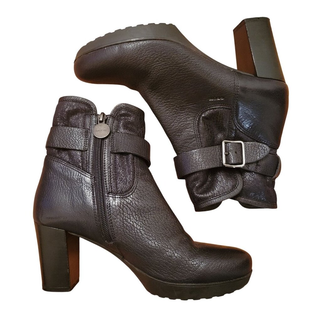 Geox Respira Black Leather Heeled Ankle Boots 38 Chunky 8 Side Zip Moto Grunge G
